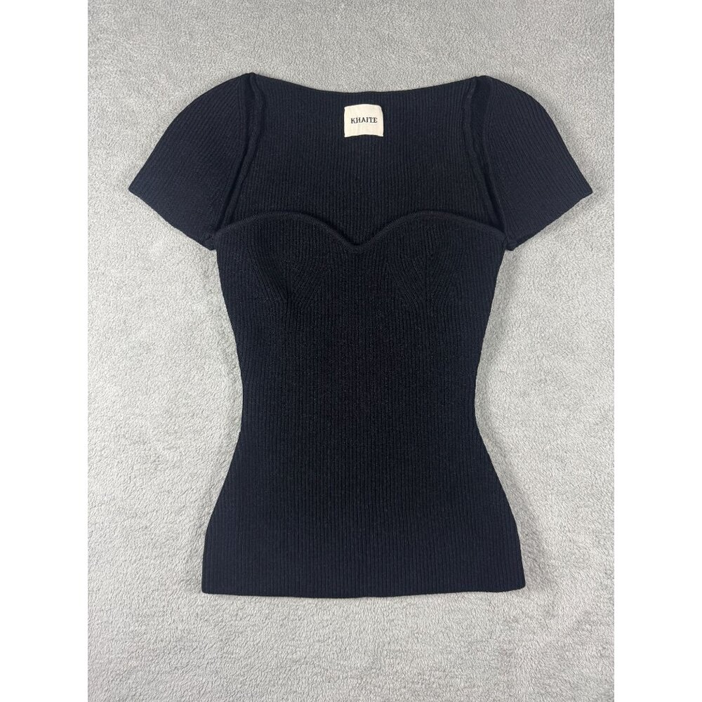 Khaite Ista Cap Sleeve Black Ribbed Sweetheart Neck Knit Top Women’s XS